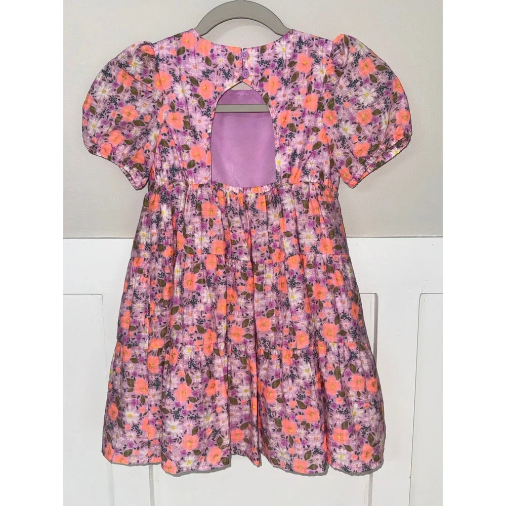 Cat & Jack Girls Floral Dress Purple Orange Puff Sleeve Open Back Size S 6/7